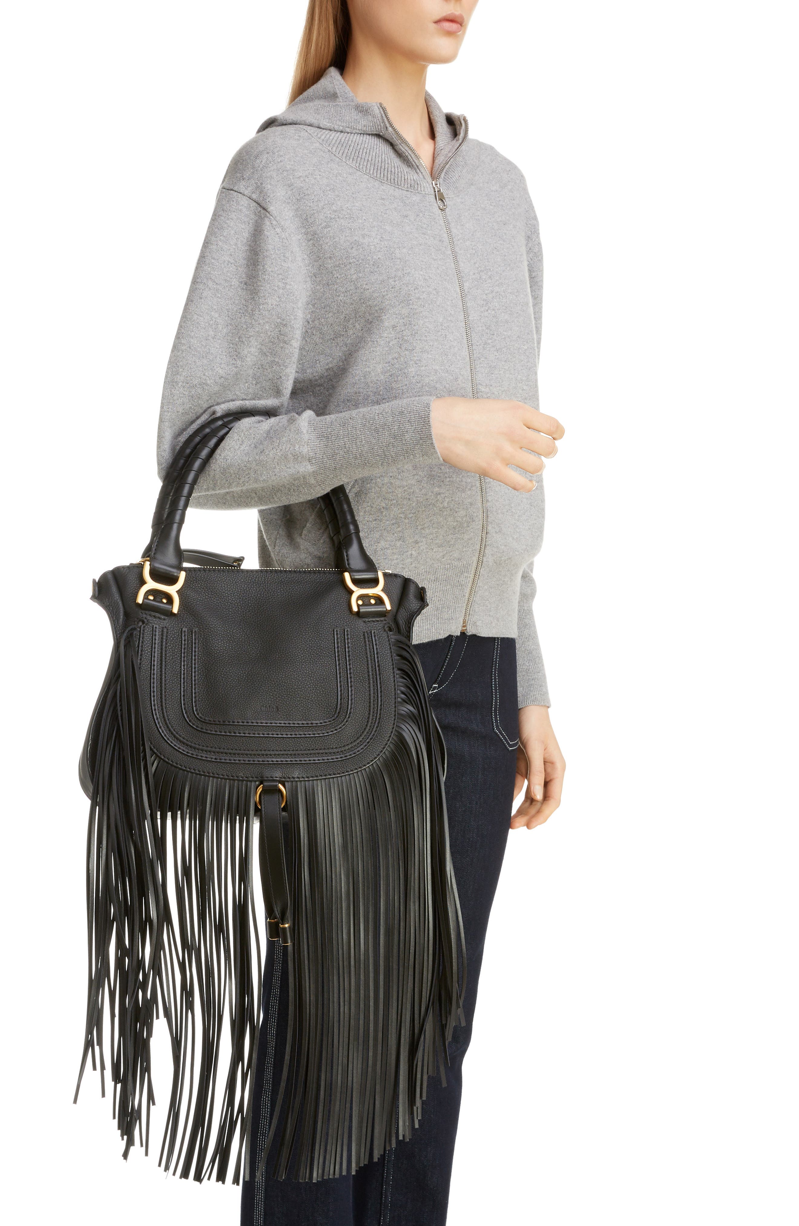 Chloé Medium Marcie Fringe Leather Satchel, Alternate, color, 