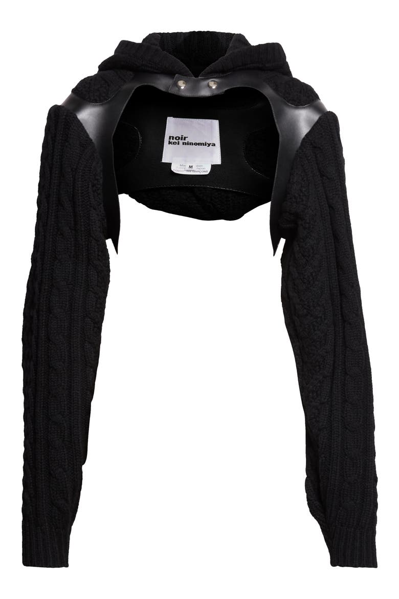 Cable Knit Shetland Wool Hooded Bolero with Faux Leather Harness, Main, color, BLACK