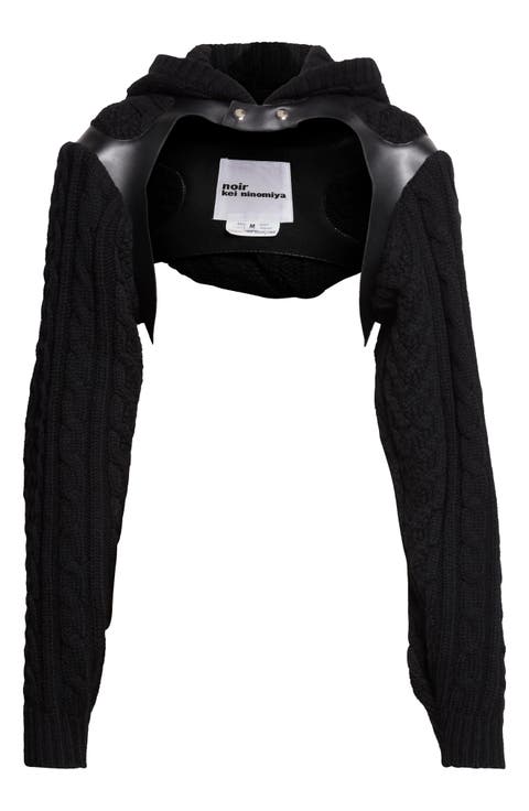 Cable Knit Shetland Wool Hooded Bolero with Faux Leather Harness