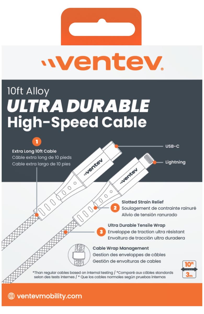 Ventev Alloy USB-C to Apple Lightning High Speed Ultra Durable 10 Foot Cable, Alternate, color, Gray