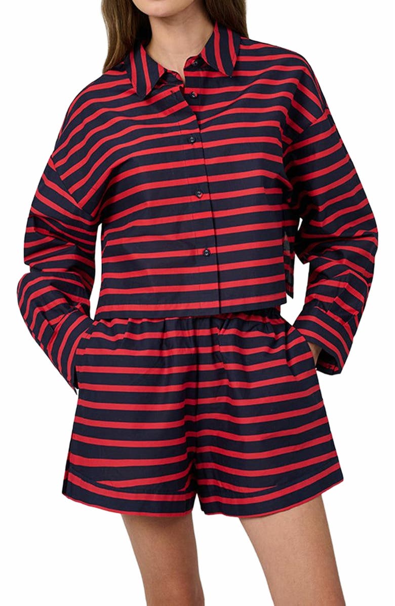 WeWoreWhat Long Sleeve Crop Button Down Shirt, Alternate, color, Tr Red/Dk Navy