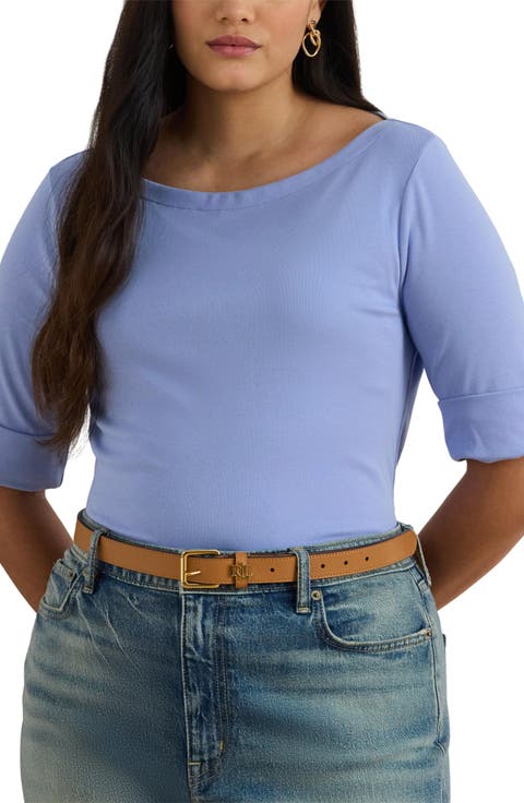 Judy Elbow Sleeve Boat Neck Stretch Cotton Top (Plus)