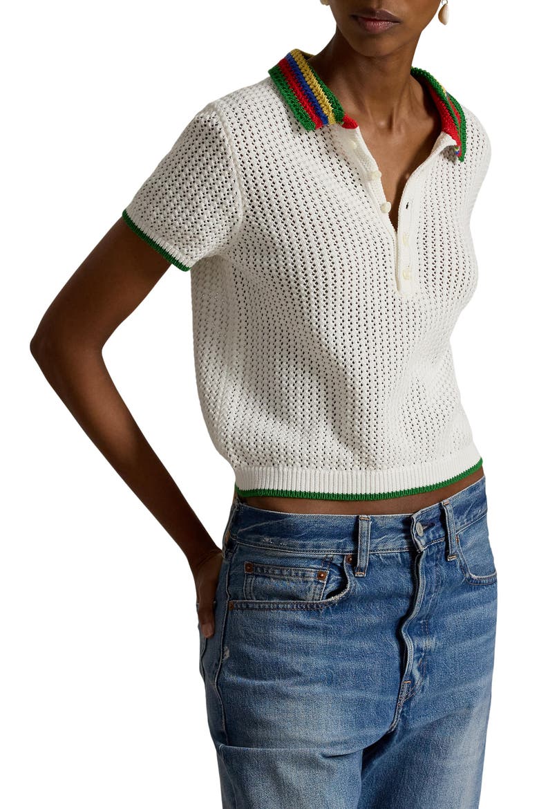 Pointelle Knit Short Sleeve Polo, Main, color, WHITE MULTI