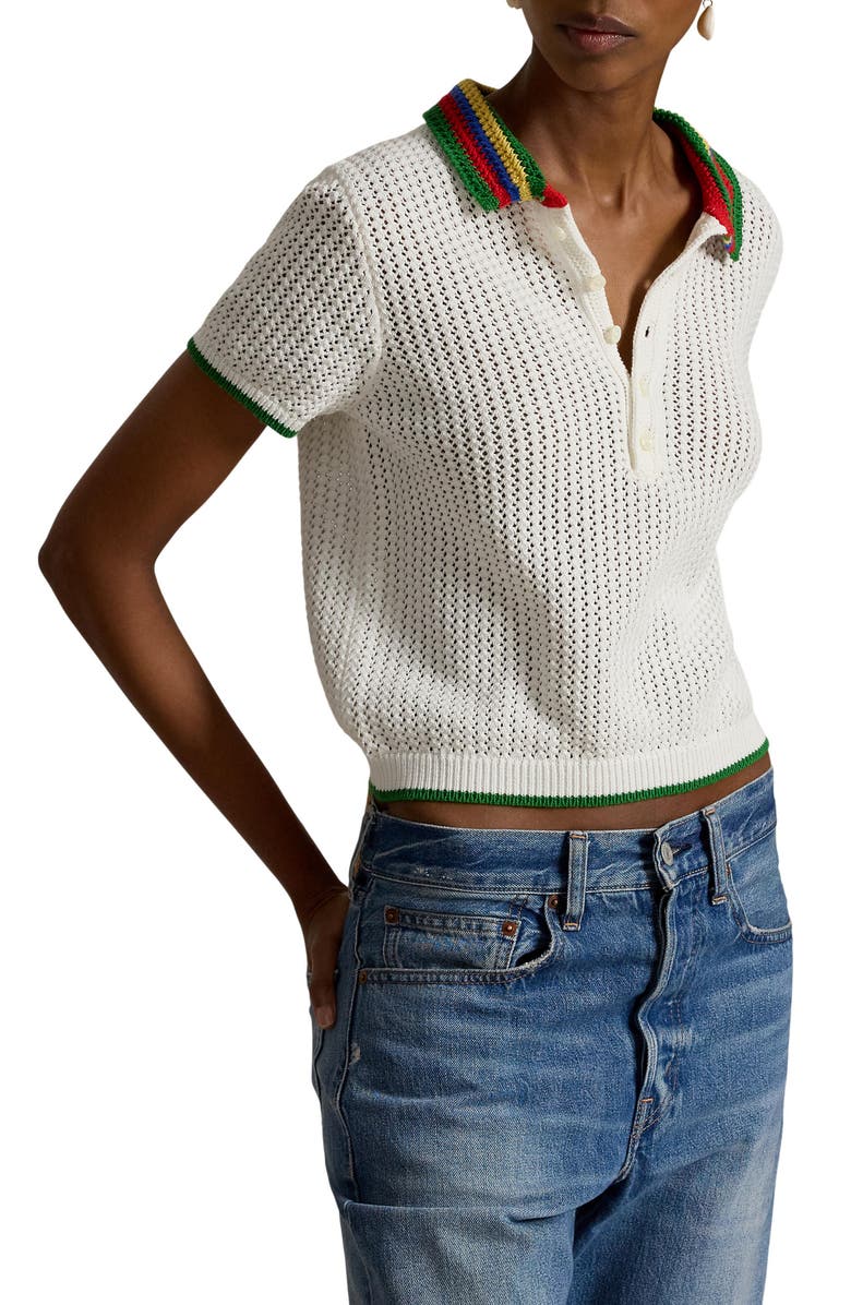 Polo Ralph Lauren Pointelle Knit Short Sleeve Polo, Main, color, White Multi