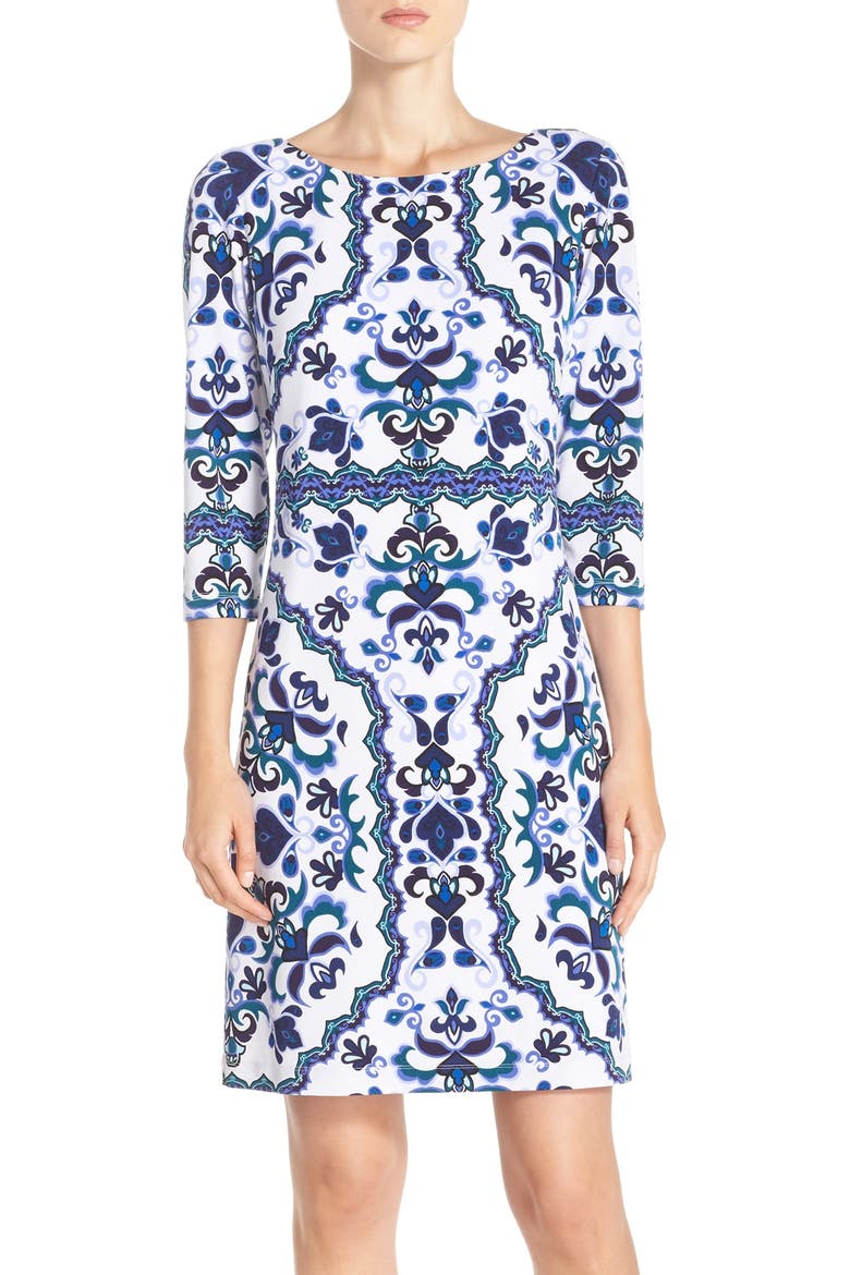Print Crepe Shift Dress, Main, color, BLUE MULTI