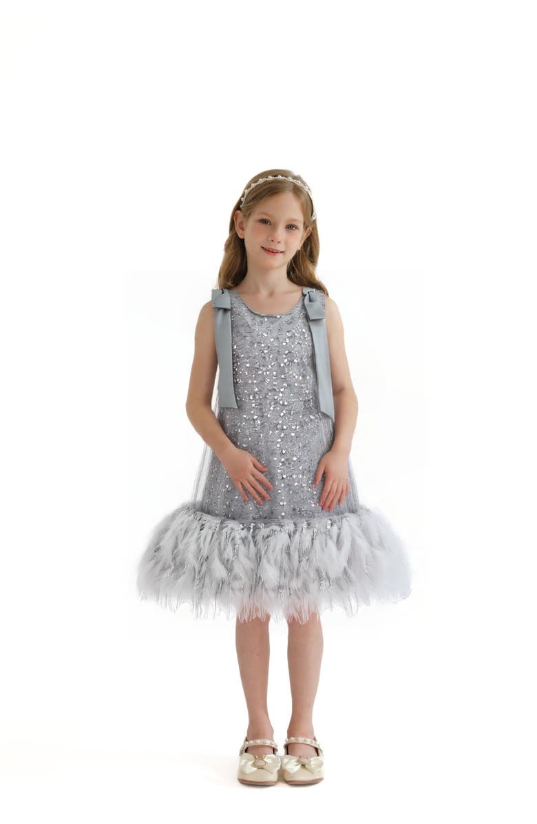 Tulleen Sequin Feather Dress, Alternate, color, Silver