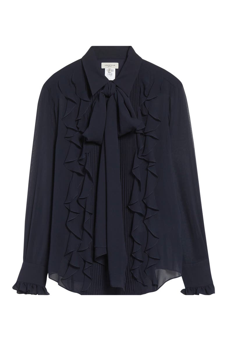Ruffle Tie Neck Silk Georgette Shirt, Alternate, color, INK