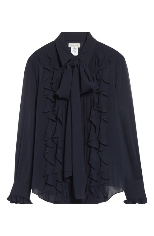 Lafayette 148 New York Ruffle Tie Neck Silk Georgette Shirt In Blue