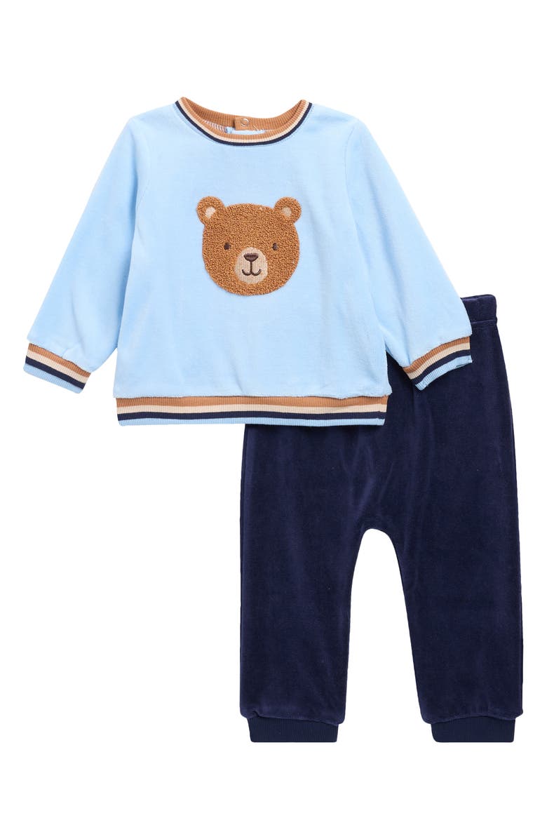 Little Me Fuzzy Bear Velour Top & Joggers Set, Main, color, Blue