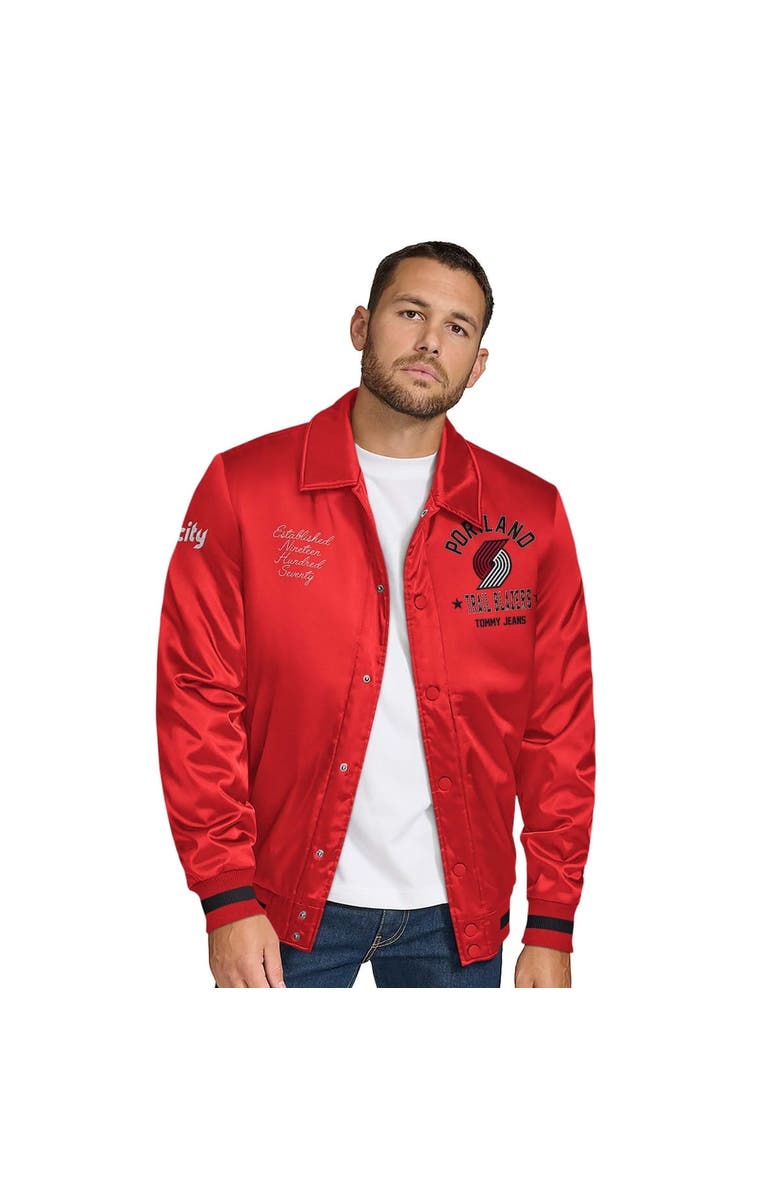 TOMMY JEANS Men's Tommy Jeans Red Portland Trail Blazers Jacob Chain Stitch Applique Full-Snap Varsity Jacket, Main, color, Red