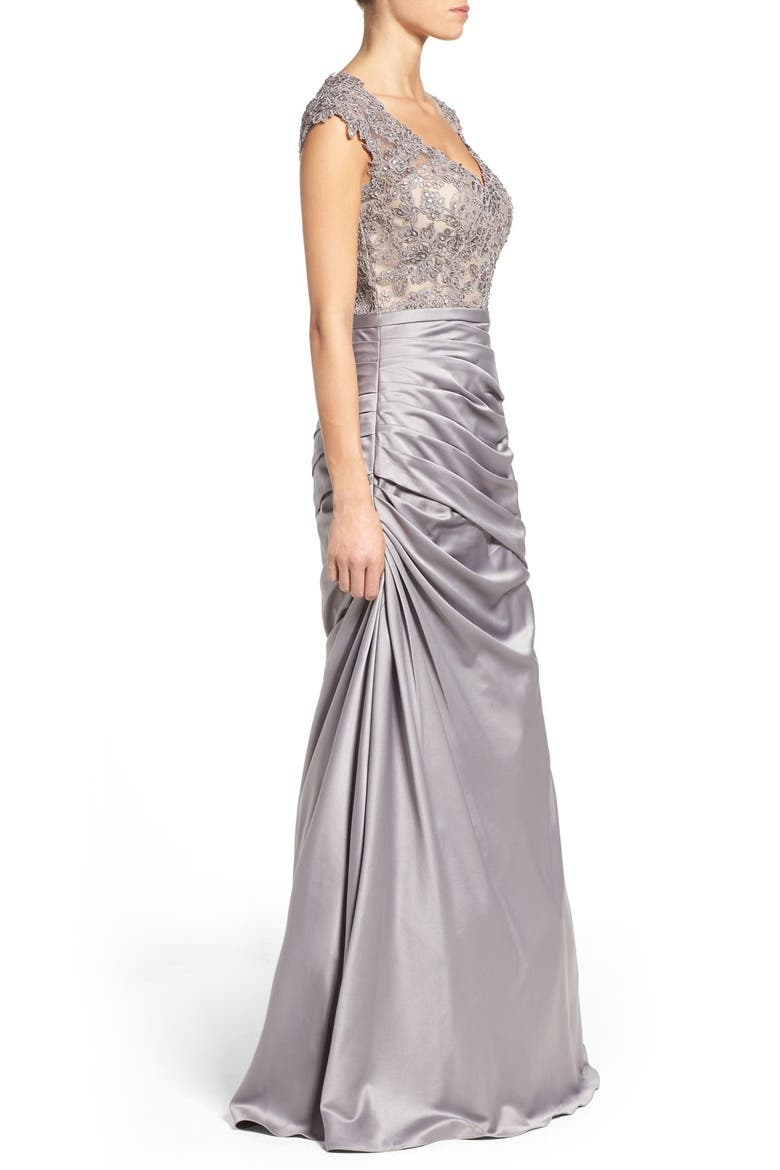 Embellished Lace & Satin Trumpet Gown, Alternate, color, SILVER