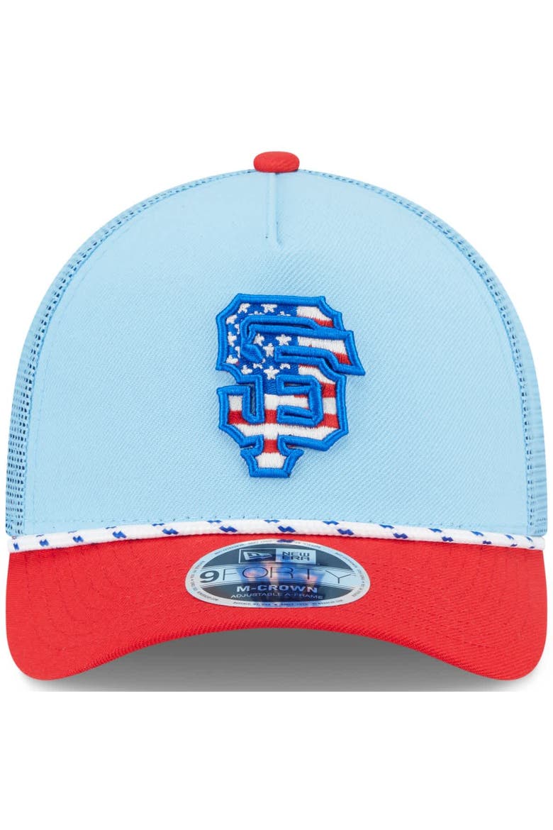 Men's New Era Light Blue/Red San Francisco Giants 2025 Fourth of July 9FORTY A-Frame M-Crown Adjustable Trucker Hat, Alternate, color, Light Blue