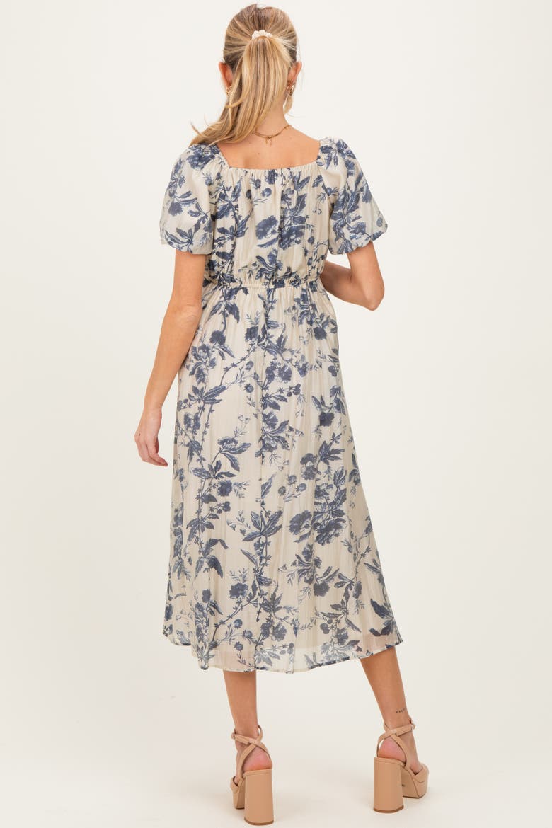 Floral Square Neck Puff Sleeve Midi Dress, Alternate, color, Navy Blue