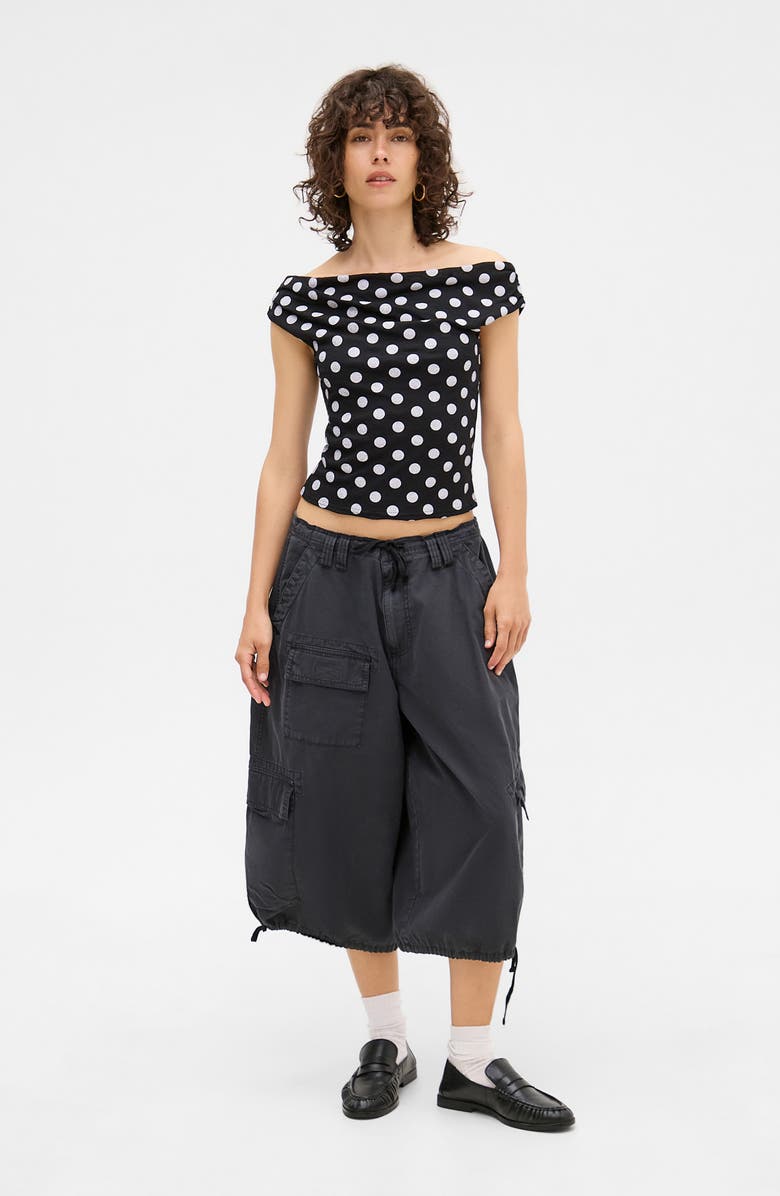 BDG Urban Outfitters Fia Polka Dot Off the Shoulder Top, Alternate, color, Black