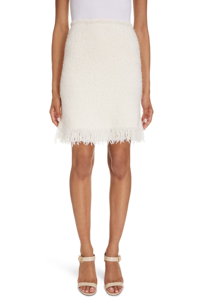 Fringe Trim A-Line Bouclé Miniskirt, Main, color, ICONIC MILK