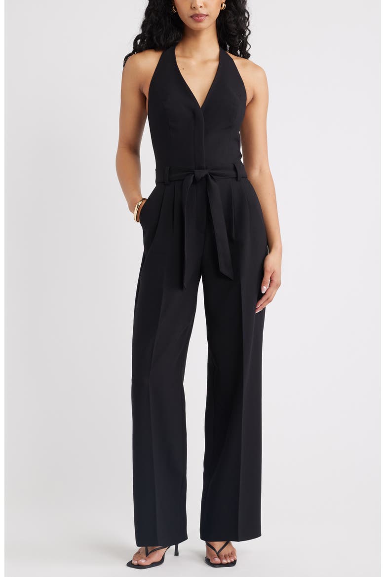 The Icon Belted Halter Jumpsuit, Main, color, BLACK