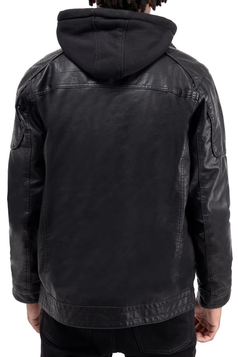 Faux Leather Hooded Moto Jacket with Faux Fur Lining, Alternate, color, BLACK