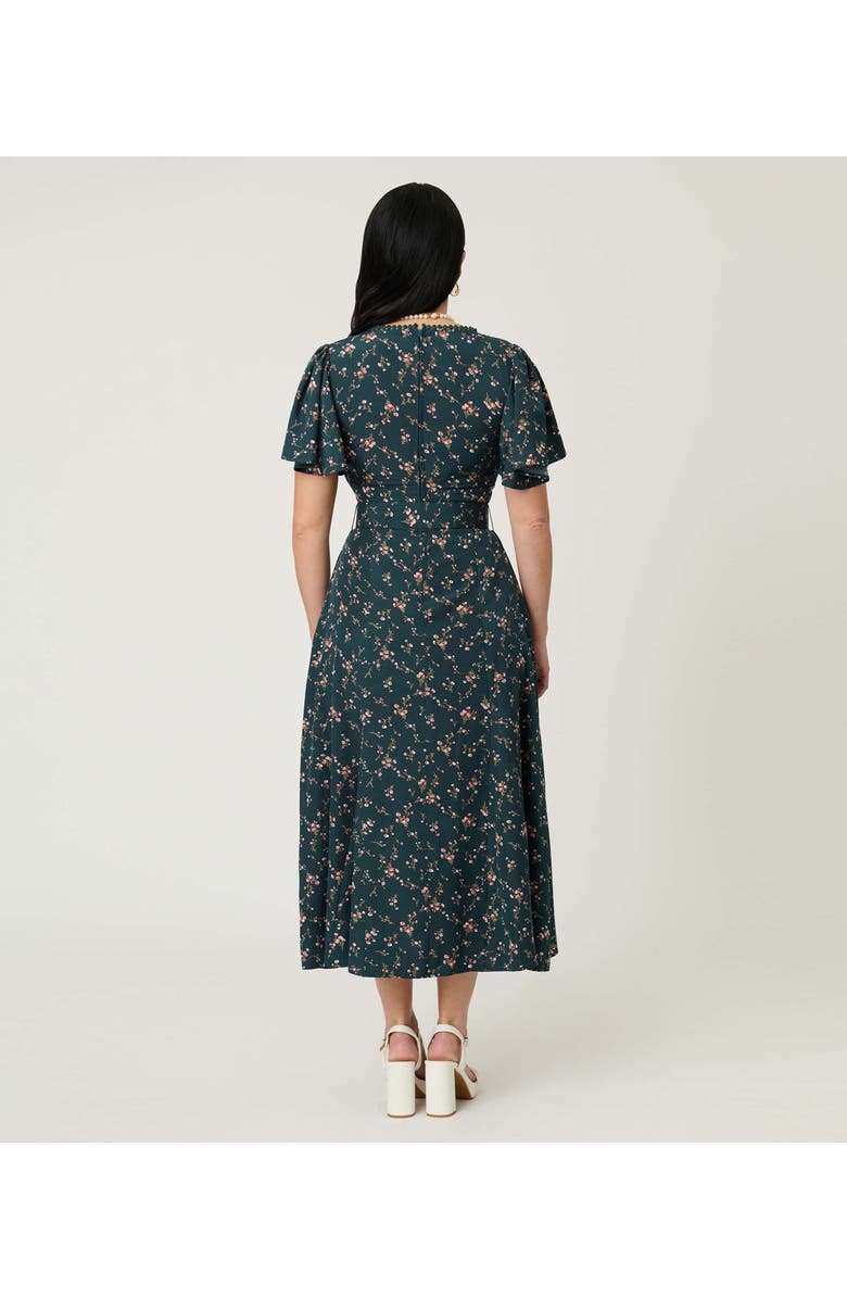 Unique Vintage Short Puff Sleeve Sweetheart Neck Godet Midi Dress, Alternate, color, Teal Floral Print