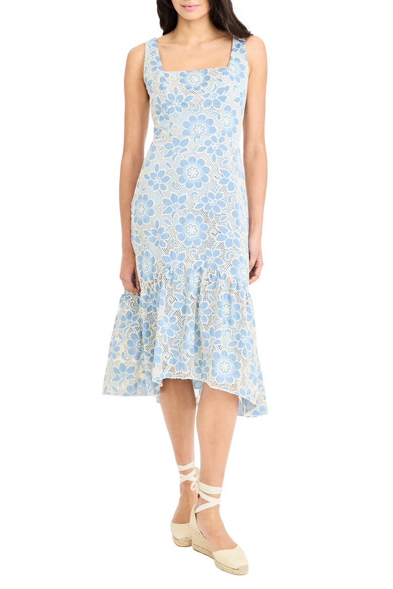 Floral Embroidery High-Low Midi Dress, Main, color, BLUE/ CREAM