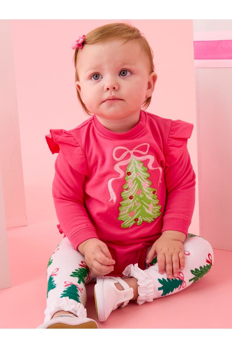 Holiday Patterned Footless Ruffle Tights, Alternate, color, Christmas Tree Bows