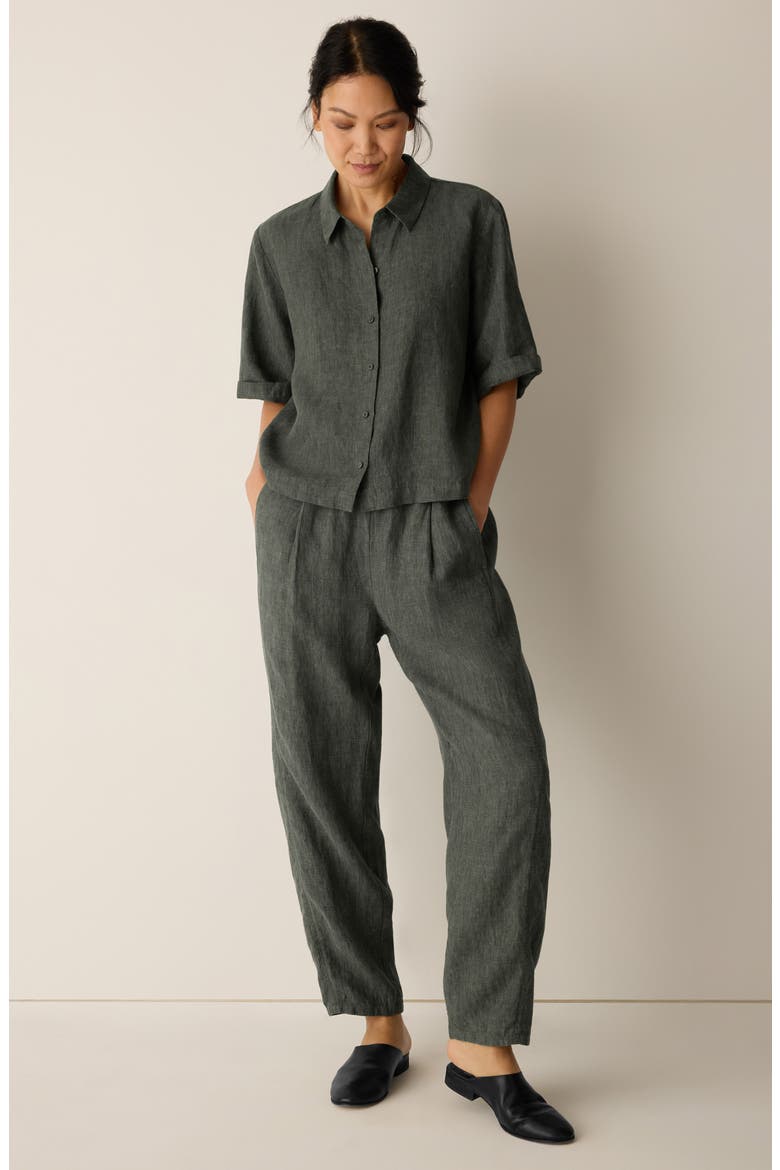 Linen Elbow Sleeve Button-Up Shirt, Alternate, color, BAY LEAF