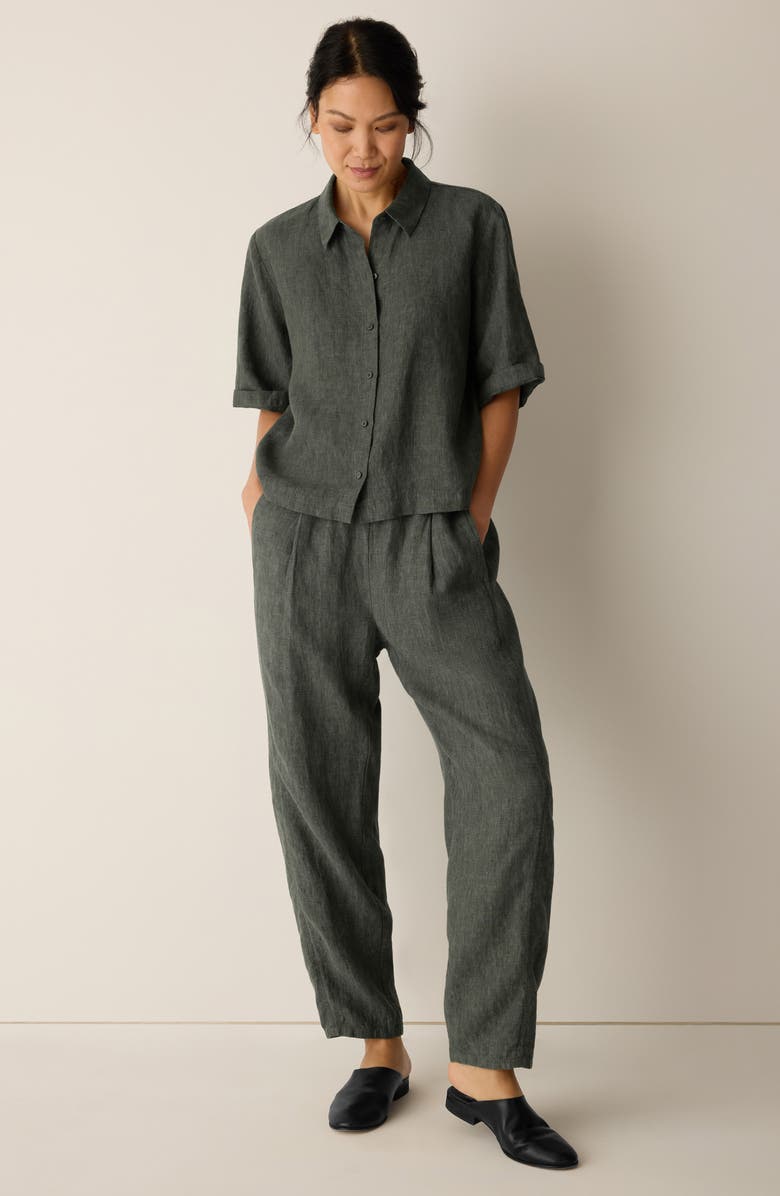 Eileen Fisher Linen Elbow Sleeve Button-Up Shirt, Alternate, color, Bay Leaf