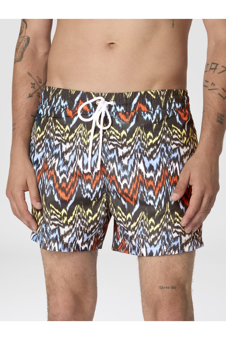 Mid-length Swim Shorts With Abstract Zigzag Print, Alternate, color, Black & Multicoloured