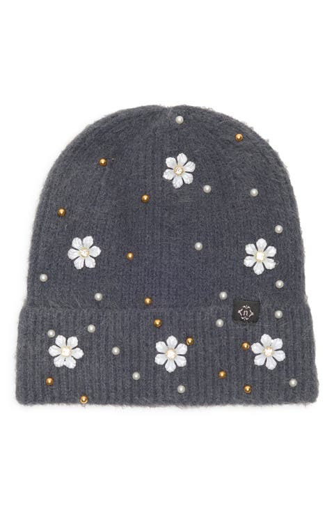 Faux Pearl Flower & Bead Knit Cuffed Beanie