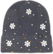 Nanette Lepore Faux Pearl Flower & Bead Knit Cuffed Beanie