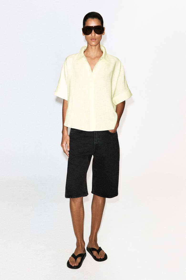 Oversized Short-Sleeved Linen Shirt, Alternate, color, YELLOW