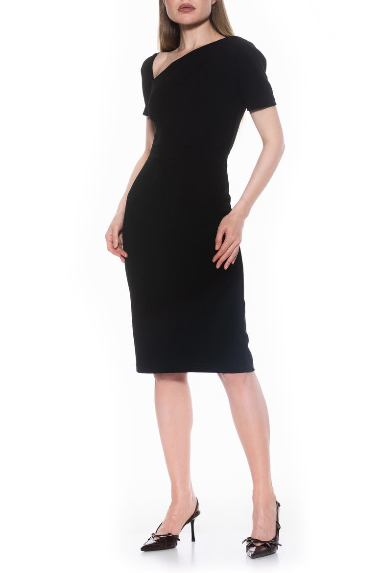 Skylar Asymmetric Neck Short Sleeve Midi Dress, Alternate, color, BLACK