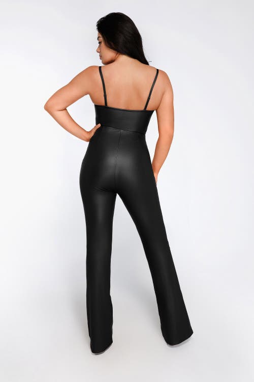 Popilush Shapewear Faux Leather Corset Bodice Slimming Jumpsuit In Midnight Black