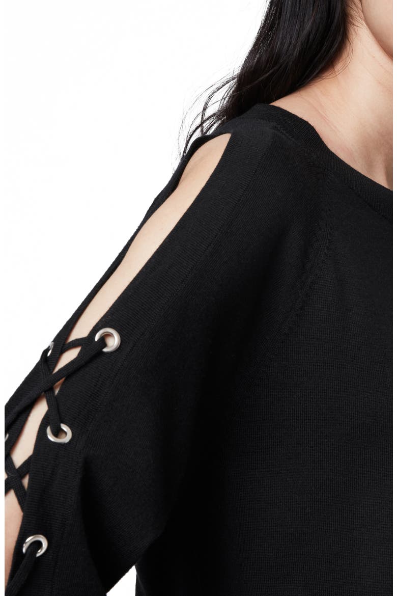 Cross Lace-Up Sleeve Merino Wool Sweater, Alternate, color, BLACK