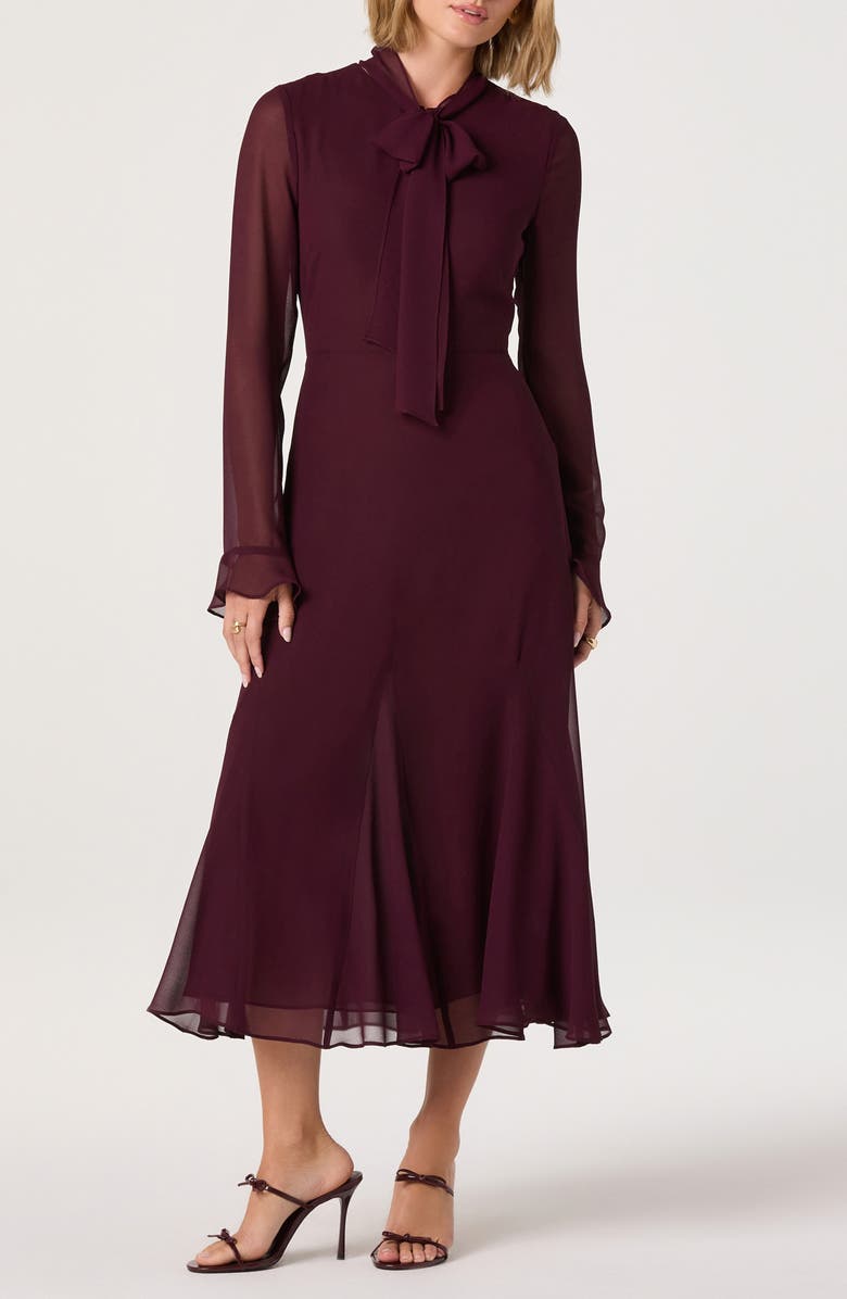 ASTR the Label Tie Neck Long Sleeve Dress, Main, color, Raisin