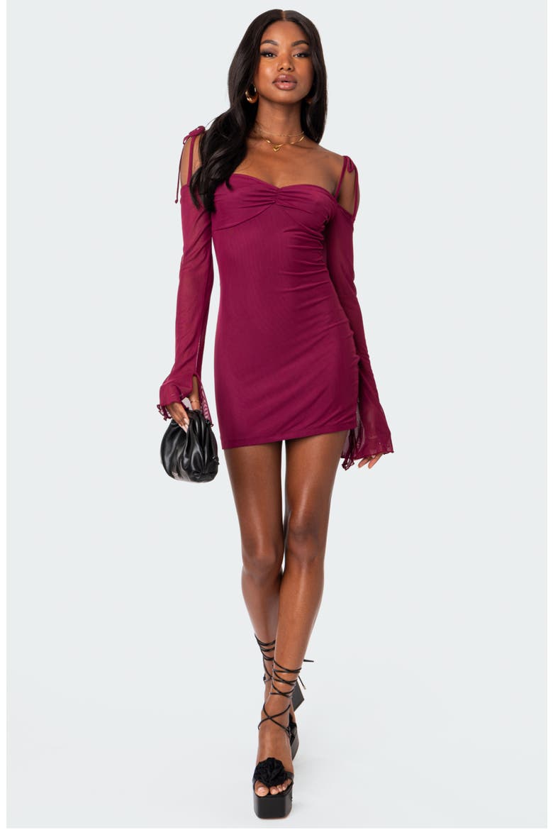 Ariel Cold Shoulder Long Sleeve Mesh Minidress, Alternate, color, BURGUNDY