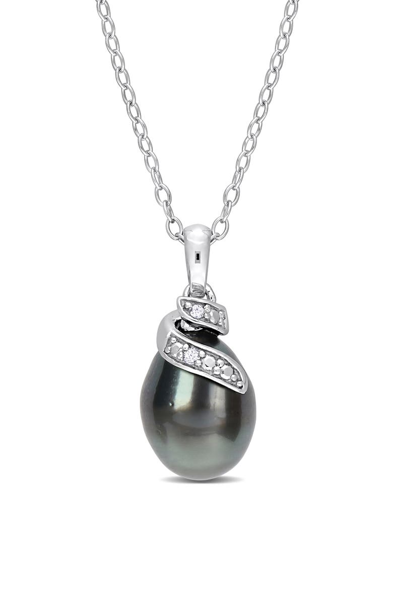 DELMAR Sterling Silver 8-9mm Black Tahitian Cultured Freshwater Pearl Diamond Necklace - 0.02 ctw., Main, color, Black