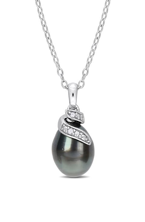 Sterling Silver 8-9mm Black Tahitian Cultured Freshwater Pearl Diamond Necklace - 0.02 ctw.