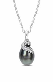 DELMAR Sterling Silver 8-9mm Black Tahitian Cultured Freshwater Pearl Diamond Necklace - 0.02 ctw.