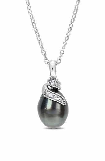 DELMAR Sterling Silver 8-9mm Black Tahitian Cultured Freshwater Pearl Diamond Necklace - 0.02 ctw.