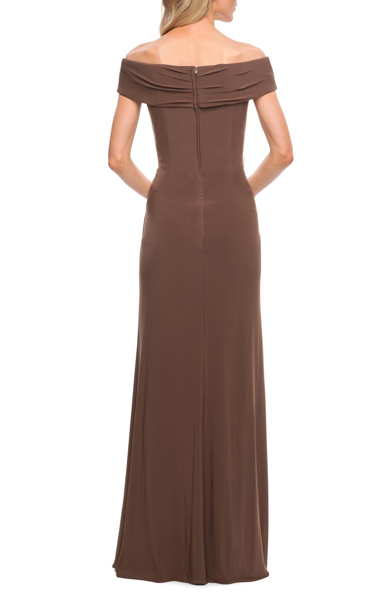 La Femme Ruched Surplice Jersey Gown, Alternate, color, 