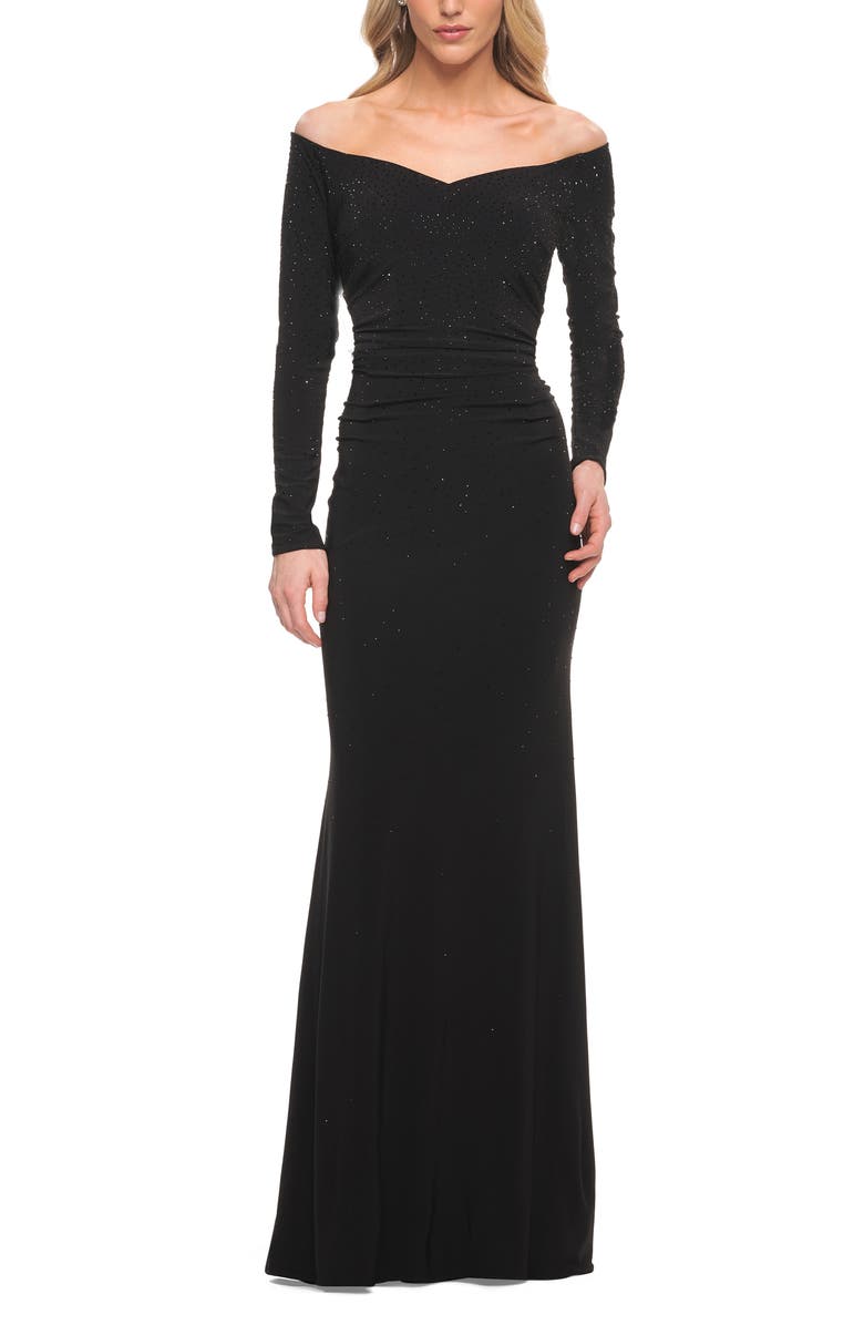 La Femme Off the Shoulder Jersey Gown, Main, color,