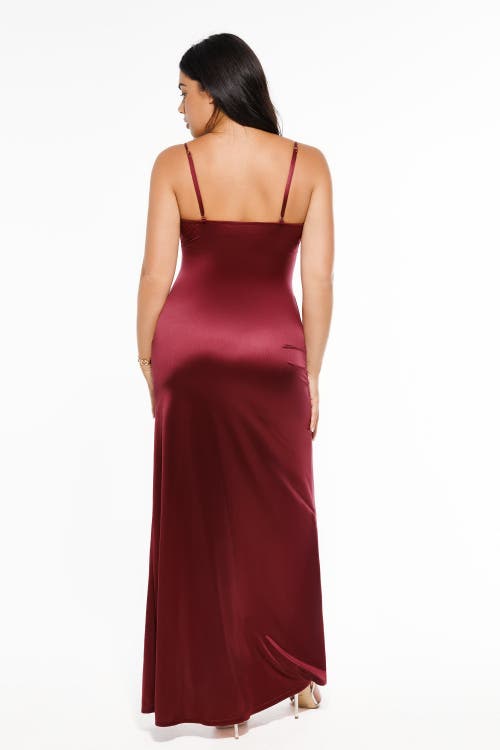 Popilush Shapewear Satin Deep-v Front Slit Maxi Dress In Burgundy