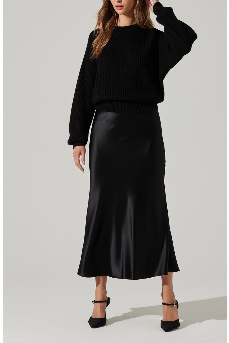 Windey Satin Midi Skirt, Alternate, color, BLACK