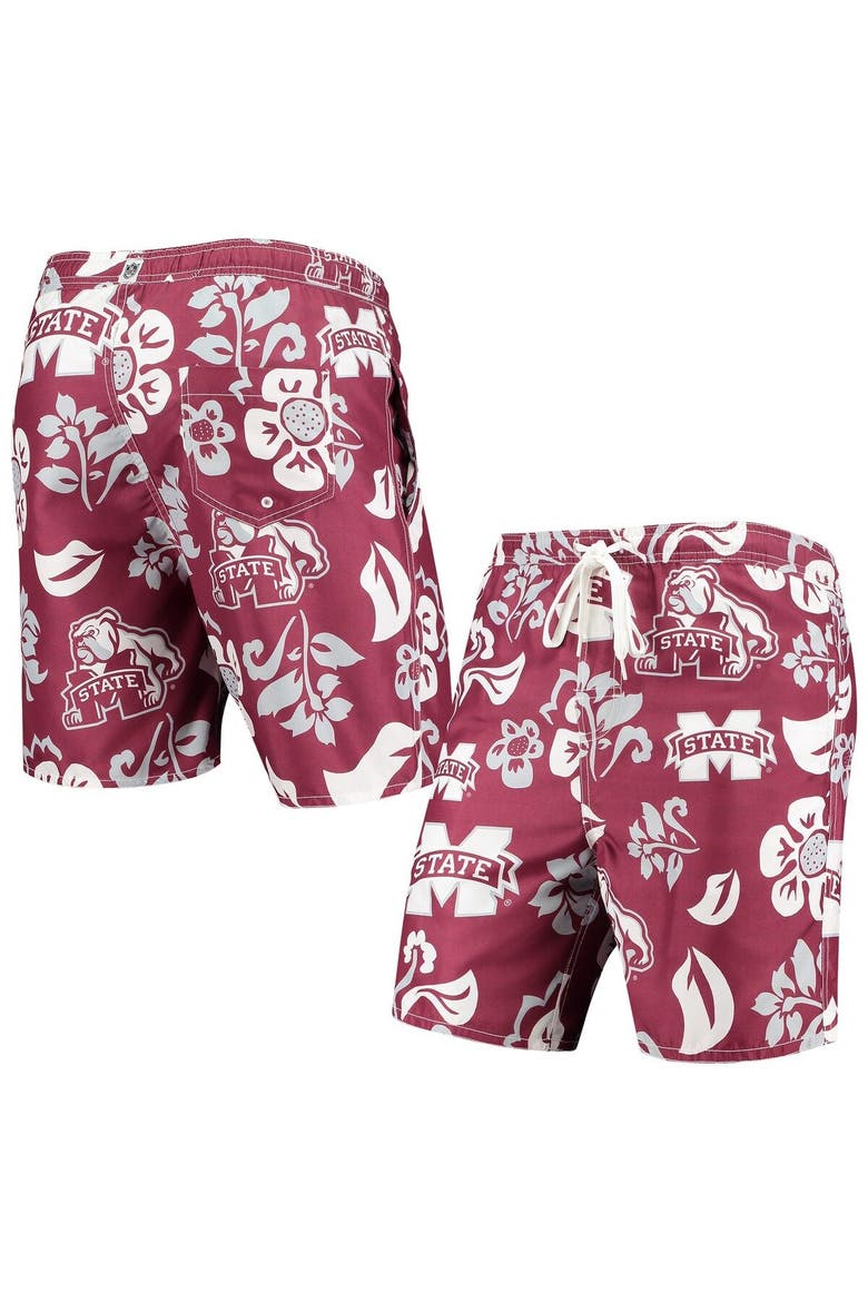 Men's Wes & Willy Maroon Mississippi State Bulldogs Floral Volley Logo Swim Trunks, Main, color, Maroon