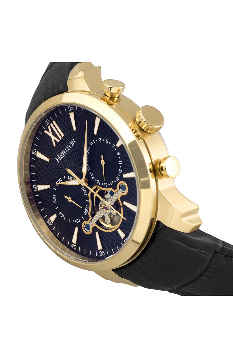 Heritor Automatic Arthur Semi-Skeleton Leather-Band Watch w/ Day/Date, Alternate, color, Gold/Black