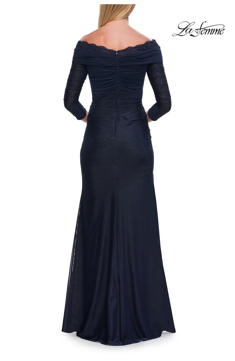 La Femme Off-the-Shoulder Three-Quarter Sleeve Gown, Alternate, color, Navy