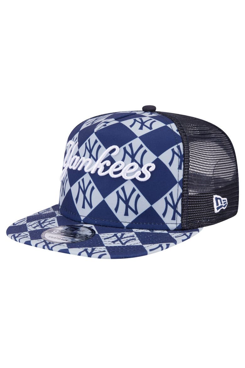 Men's New Era Navy New York Yankees Seeing Diamonds A-Frame Trucker 9FIFTY Snapback Hat, Main, color, Navy