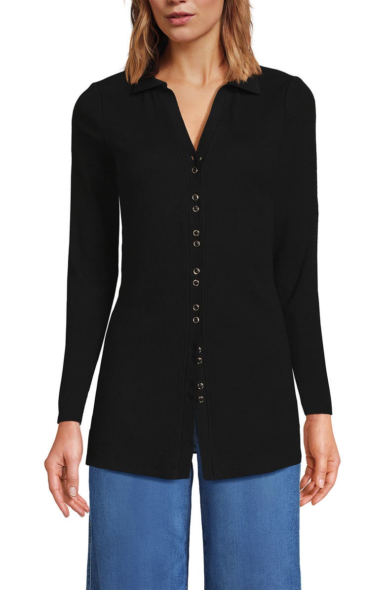 Lands' End Long Sleeve Polished Rib Button Through Tunic Shirt, Alternate, color, Black