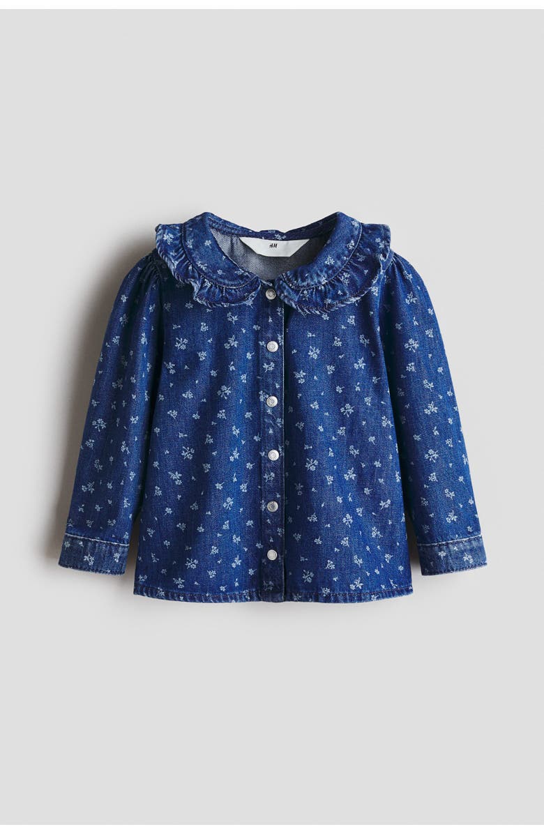 H&M Frill-collar Denim Blouse, Main, color, Denim Blue/Floral