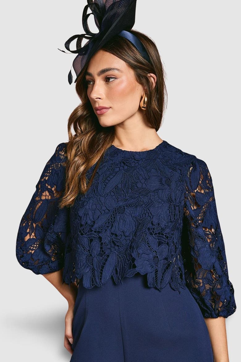 Lace Overlay Wide Leg Jumpsuit, Alternate, color, Navy